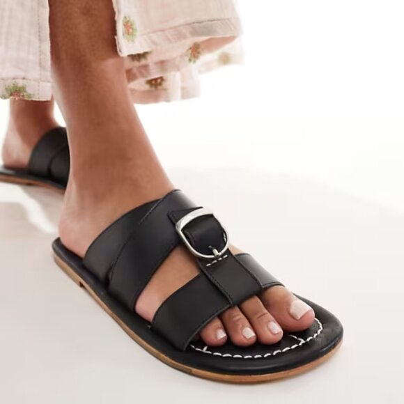 NEW Free People Sloan Buckle Flat Sandals - Leather Stormy Sea For Women 252 - Picture 1 of 9